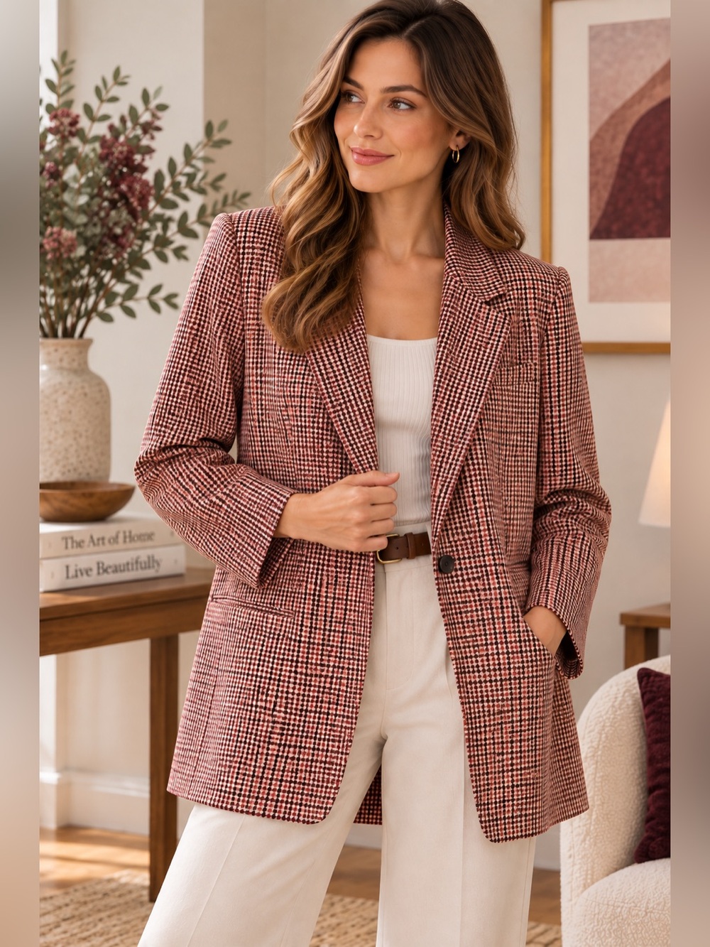 A New Day Women’s Rose & Burgundy Plaid Blazer – XS